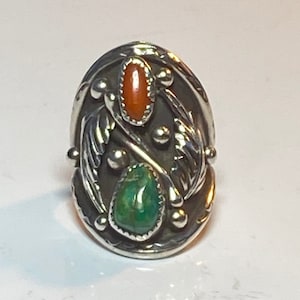 Turquoise ring Navajo coral southwest sterling silver women men