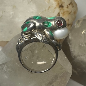 Frog ring Malachite size 10 leaves sterling silver women
