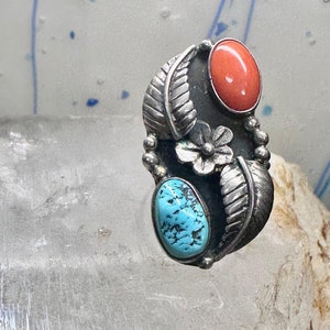 Turquoise ring coral band leaves squash blossom Navajo size 6.75 sterling silver women