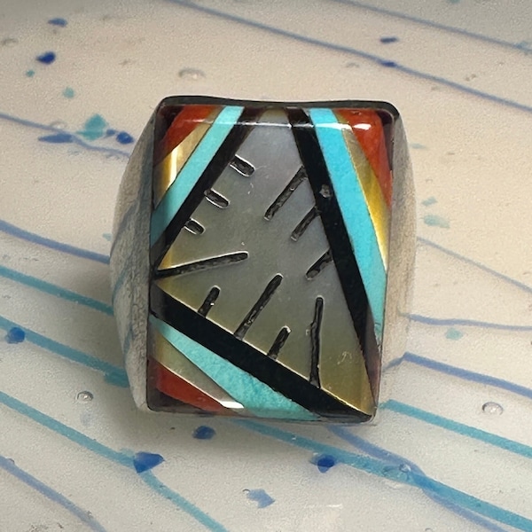 Zuni ring size 10.75 turquoise MOP coral inlay Sterling silver women