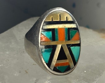 Zuni ring turquoise coral onyx mop size 11 sterling silver men