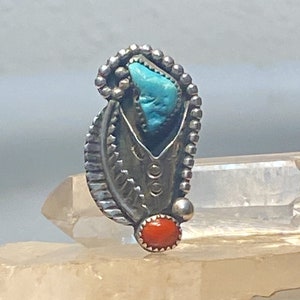 Turquoise ring  coral long Navajo flower sterling silver southwest women girls size