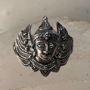 Winged Goddess ring face deity band  size 7.75 sterling silver women
