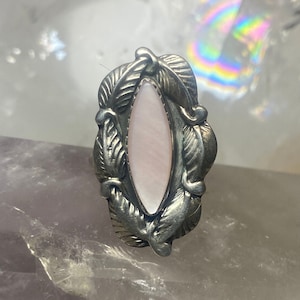 long mother of pearl ring leaves Navajo sterling silver women girls size 6