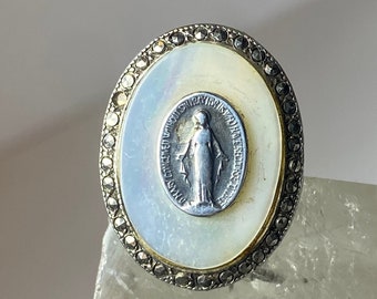 Madonna ring Mother of Pearl  marcasites Art Deco sterling silver women girls size 2.50