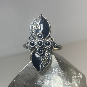 Long onyx ring size 7.50 marcasites Art Deco floral  sterling silver women