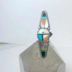 Zonne gezicht ring lang turquoise onyx parelmoer Zuni pinky sterling zilver vrouwen maat 5,50