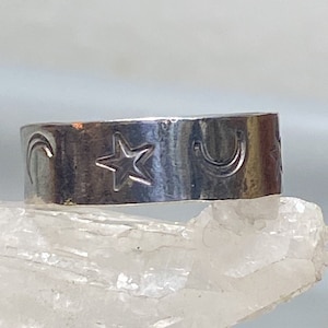 Stars Moon ring celestial band sterling silver women men size 12