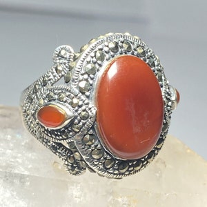 Art Deco Red Stone Ring: Marcasite Sterling Silver, Size 8.25