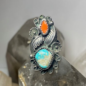 Coral ring turquoise size 6.50 Navajo sterling silver women girls