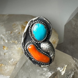 Navajo ring turquoise coral size 5.50 sterling silver women