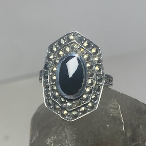 Long onyx ring size 7 marcasites  Art Deco sterling silver women