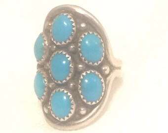 Zuni Turquoise Ring Size 8.5 Petite Pointe SADDLE Handmade Vintage Sterling Silver WOMEN