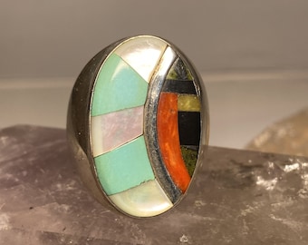 Turquoise ring Navajo mother of pearl sterling silver women men size 10.50