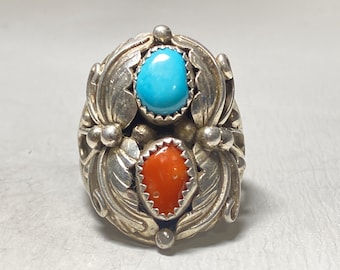 Turquoise ring coral Navajo southwest sterling silver women men