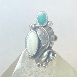 Turquoise ring long Navajo MOP leaves feather southwest sterling silver women size 6