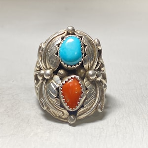 Turquoise ring coral Navajo southwest sterling silver women men