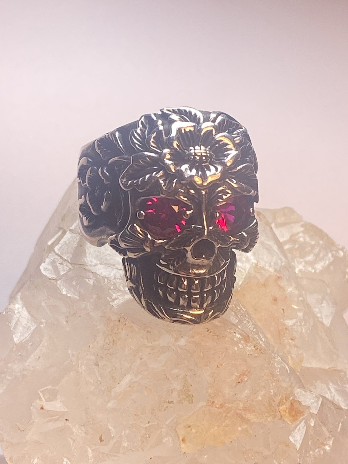 Skull Ring Floral Day of the Dead Red Eyes Band Sterling - Etsy