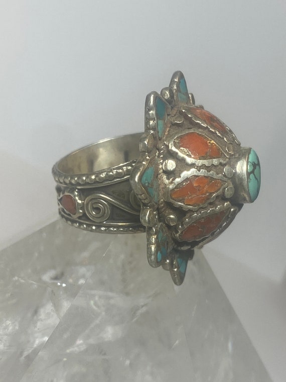 Turquoise Ring flower floral tribal Coral sterlin… - image 3