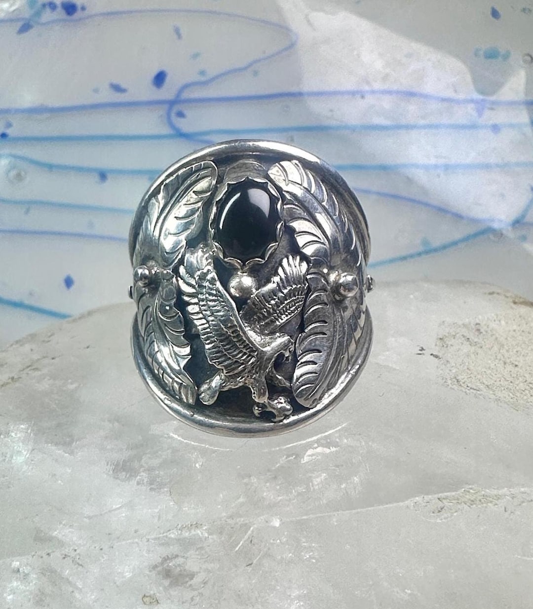 Randall Rings Navajo Eagle Ring Randall Endito Onyx Leaves Size 17 Sterling Silver ...