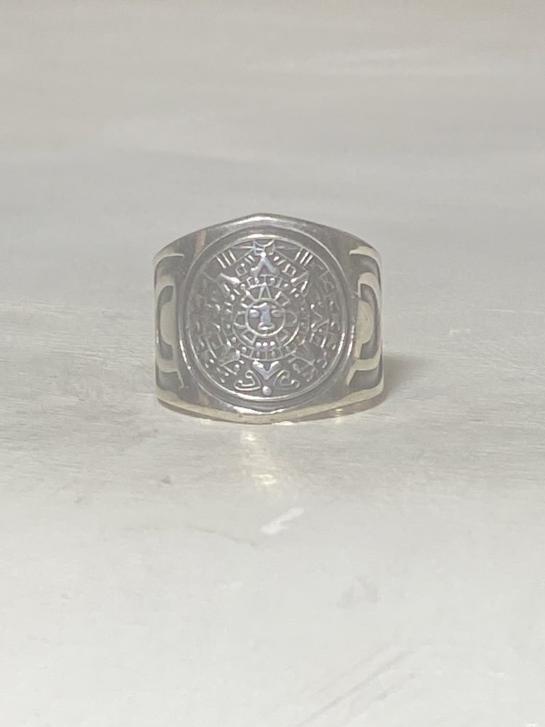 Aztec calendar ring wide Mexico band sterling silver women men size 7.25