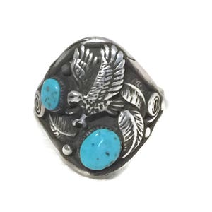 Eagle Ring size 9.75 Turquoise Vintage Sterling Silver Southwest Tribal image 1