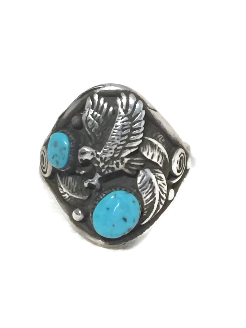 Eagle Ring size 9.75 Turquoise Vintage Sterling Silver Southwest Tribal image 1
