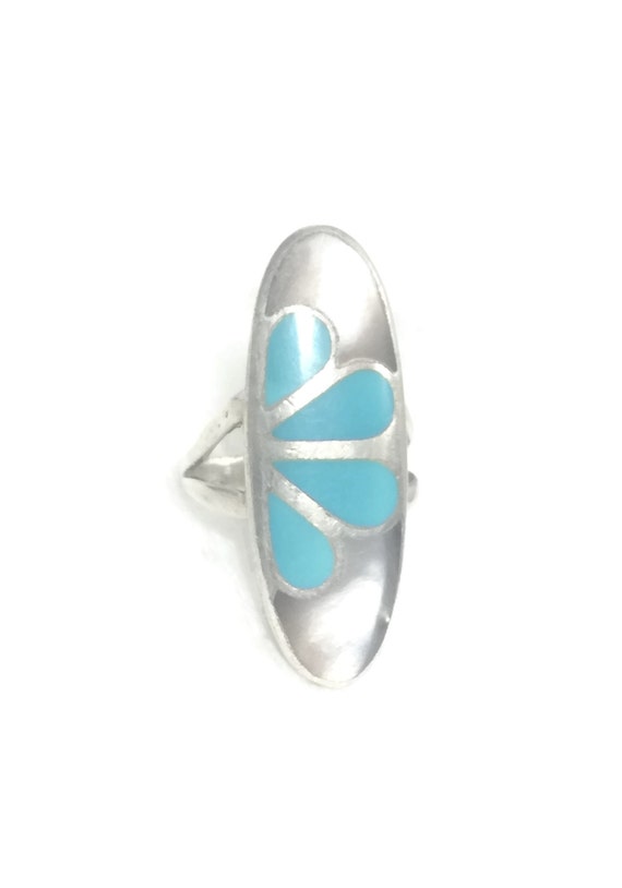 Long Turquoise Ring Size  4.75 flower sterling sil