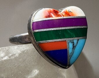 Heart ring size 7 southwest love Valentine turquoise malachite coral sterling silver women