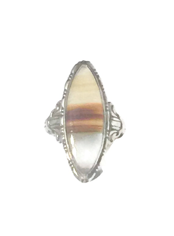 Vintage Long Agate Ring sterling silver art deco S