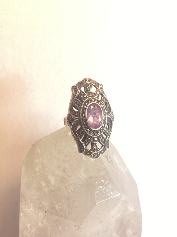 Long Amethyst ring Art Deco style marcasites ster… - image 7