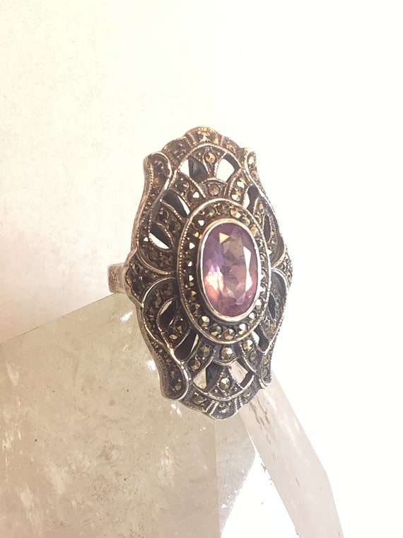 Long Amethyst ring Art Deco style marcasites ster… - image 3