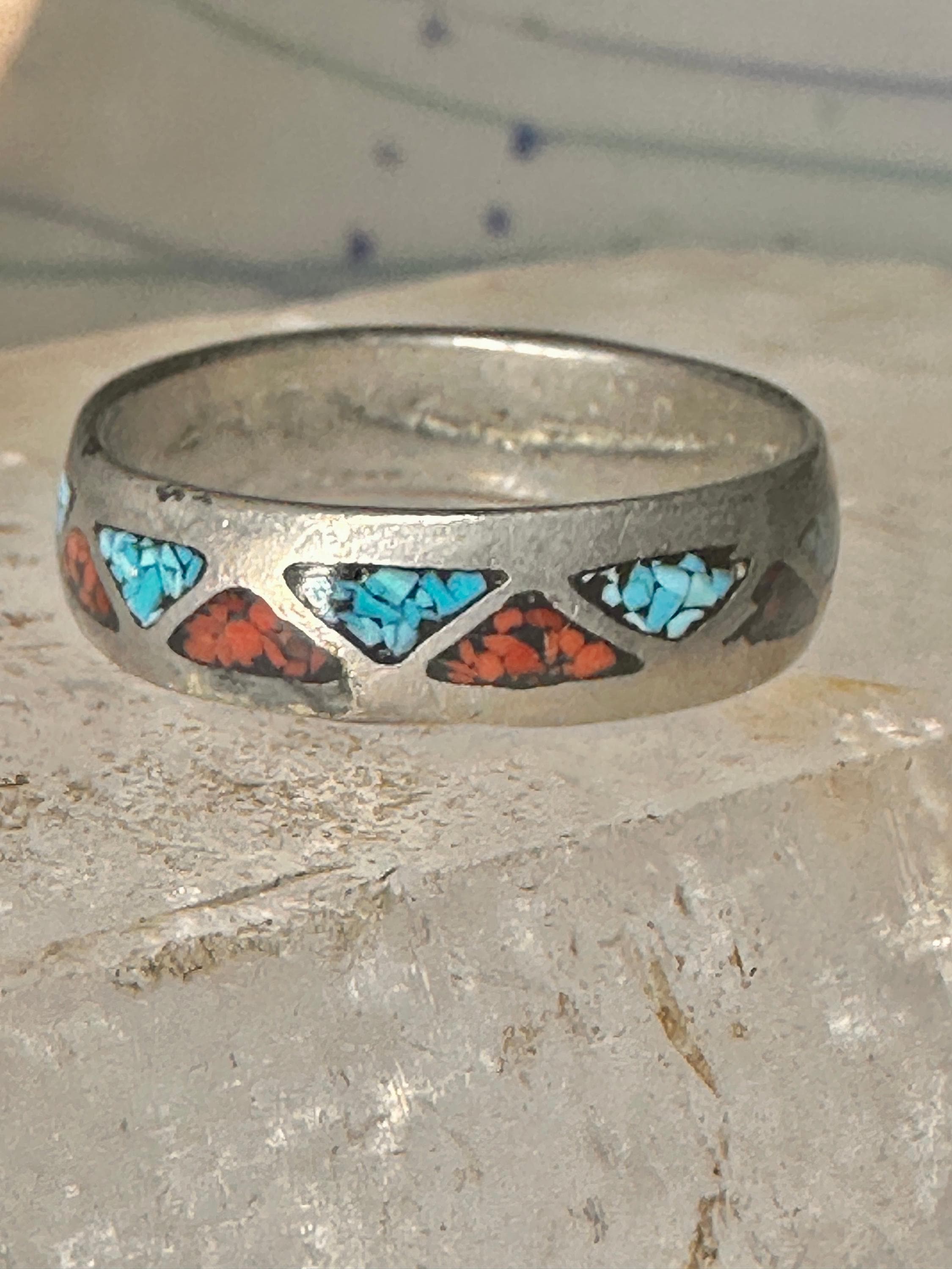 Vintage Zuni Wedding Band Turquoise Coral Chips Size 11.5 Band