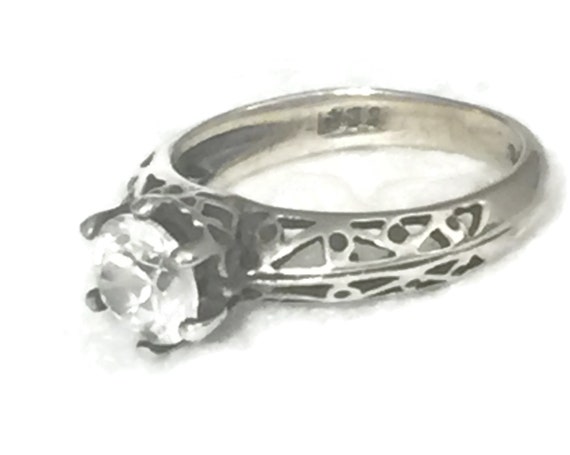 Vintage Sterling Silver Solitaire Ring: Clear CZ,… - image 5