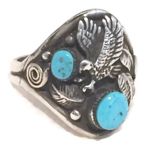 Eagle Ring size 9.75 Turquoise Vintage Sterling Silver Southwest Tribal image 4