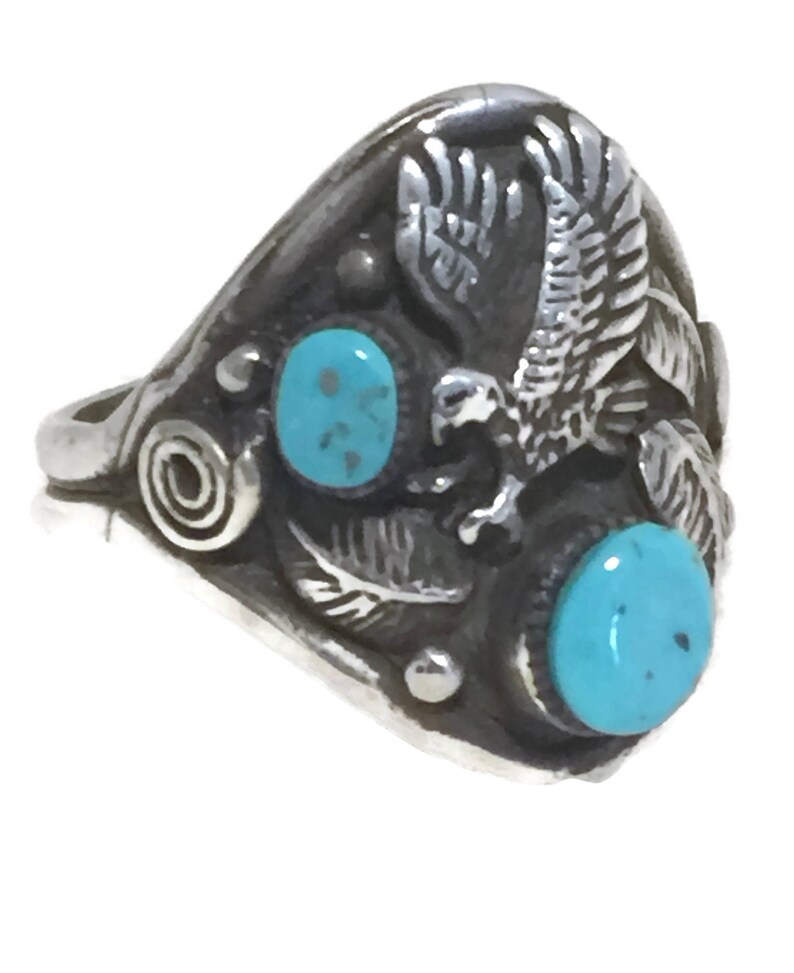 Eagle Ring size 9.75 Turquoise Vintage Sterling Silver Southwest Tribal image 5