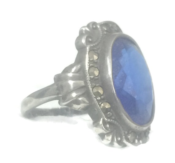 Blue Glass Ring Size 6 Art Deco Ring Size 6 Pinky… - image 3