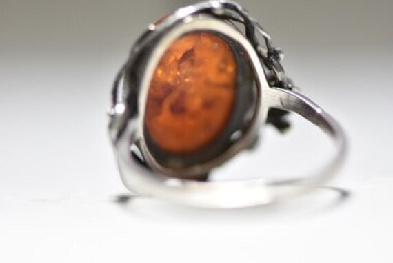 Bague Argent 925 Et Ambre Style Art Nouveau - Taille 53, Occasion Comme Neuve
