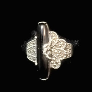 Onyx Ring Art Deco size 8 marcasites band  vintage sterling silver women