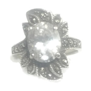 Flower Marcasite Ring: Sterling Silver Art Deco Band, Size 6.75