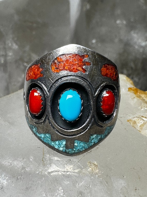 Turquoise ring coral Navajo Roie Jaque size 9.50 … - image 8