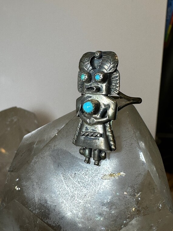 Kachina Ring Size 7.75 Navajo Turquoise Long Sterling Silver Women