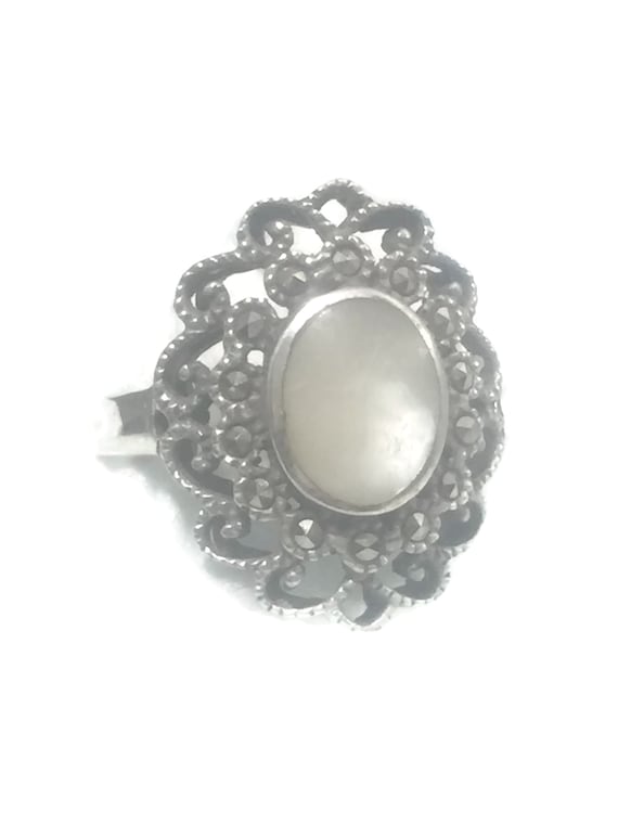 Marcasite Ring MOP Ring Size 8 Plus Art Deco Ring 