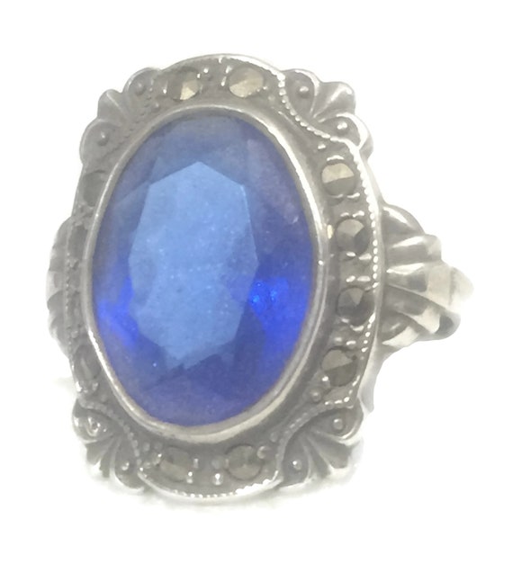 Blue Glass Ring Size 6 Art Deco Ring Size 6 Pinky… - image 10