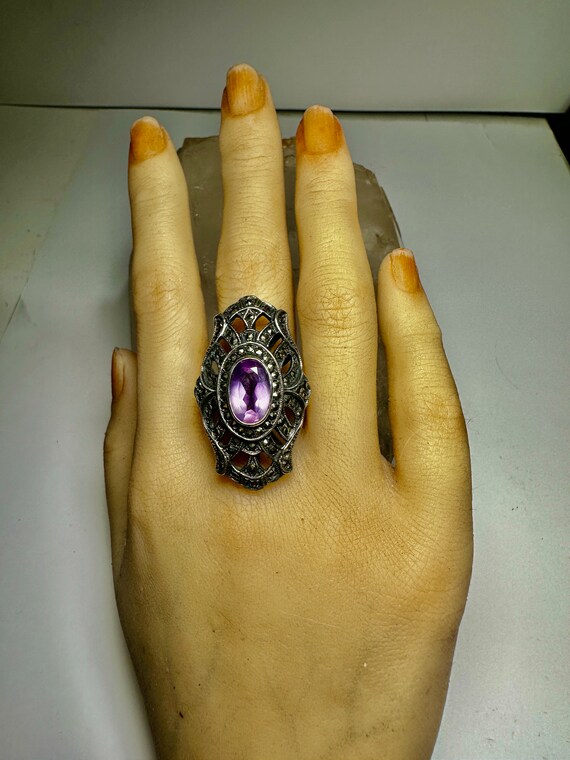 Long Amethyst ring Art Deco style marcasites ster… - image 9