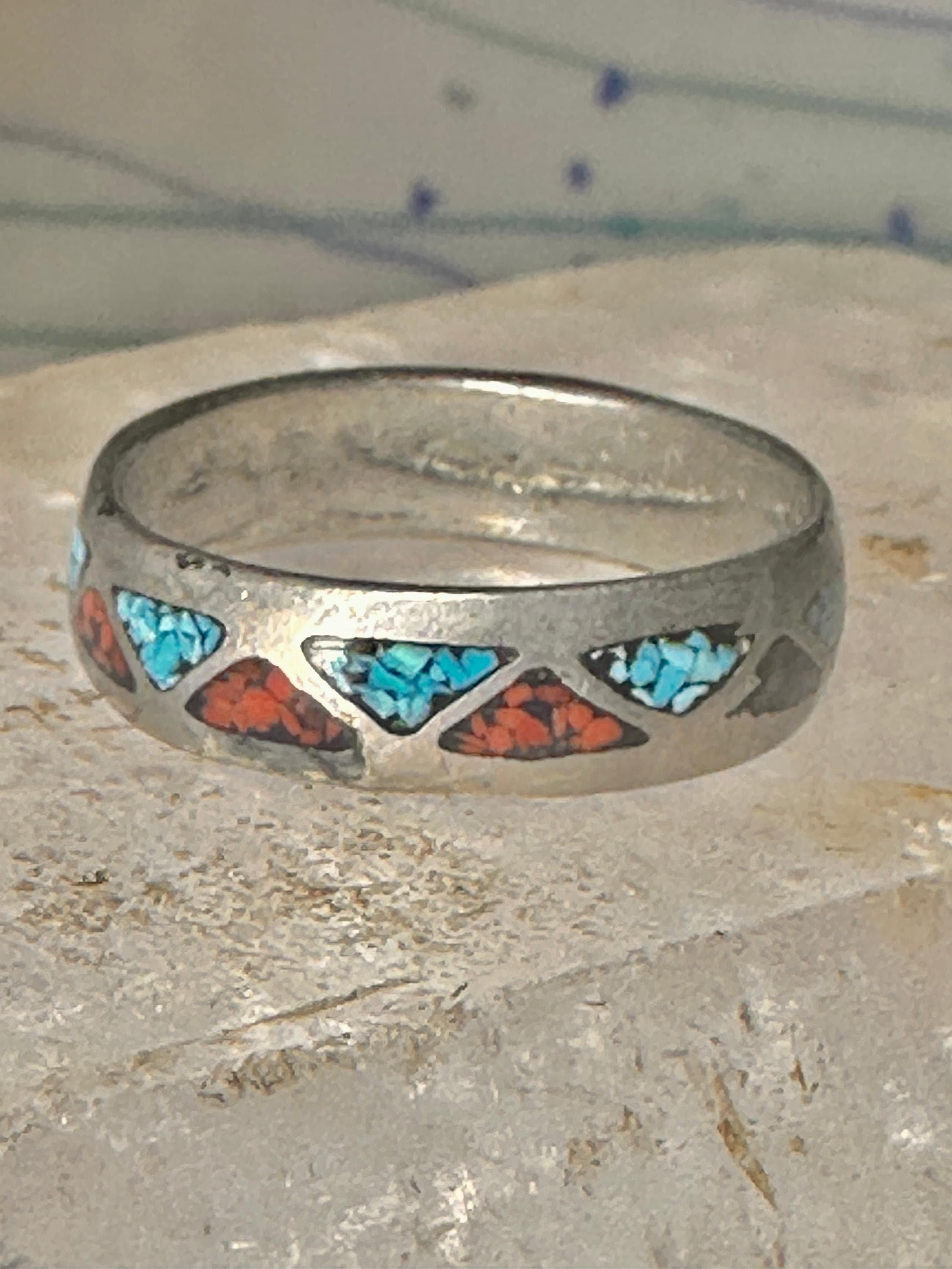 Vintage Zuni Wedding Band Turquoise Coral Chips Size 11.5 Band