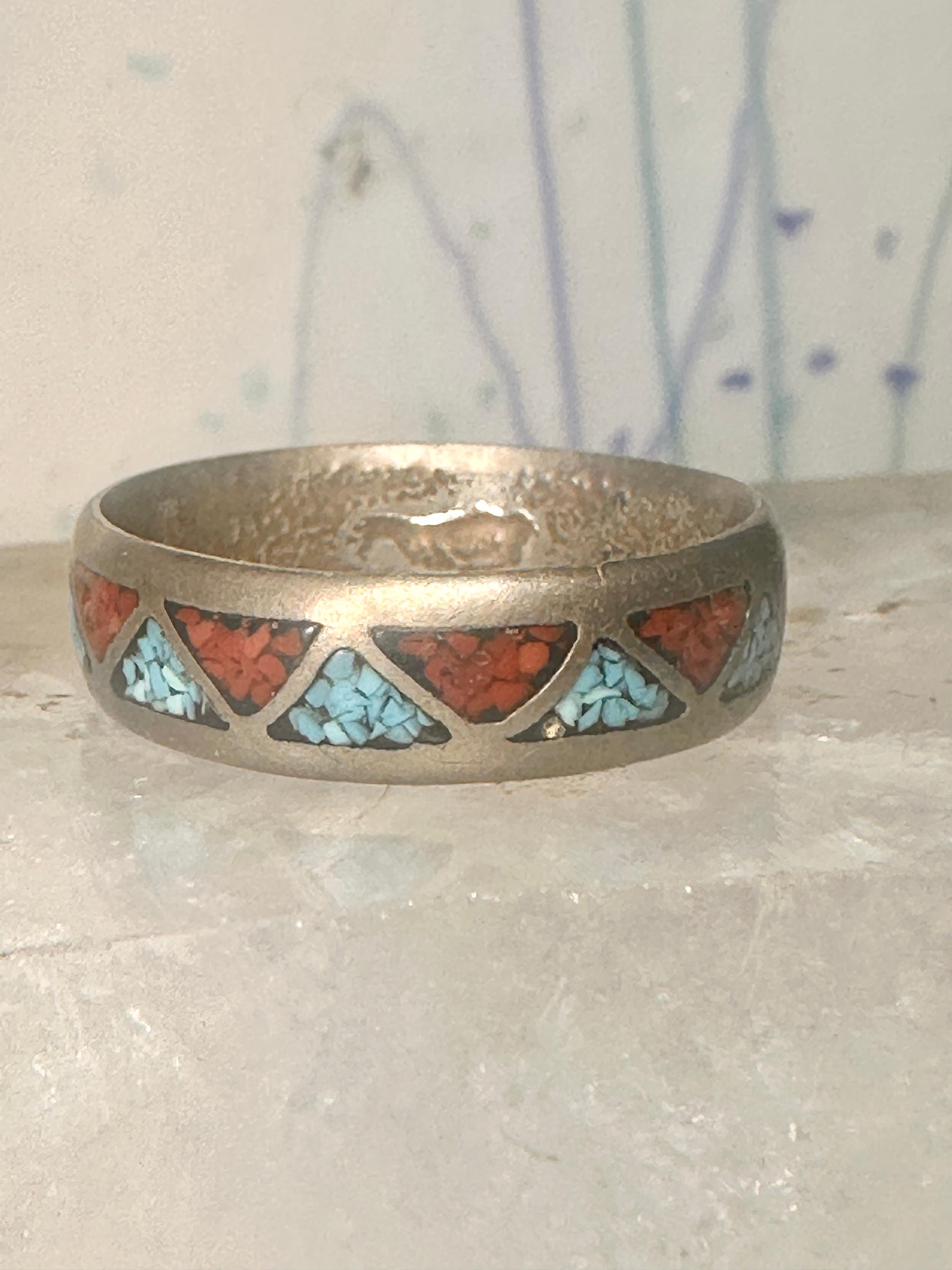 Zuni Ring Turquoise Coral Chips Wedding Band Size 11.50 Sterling