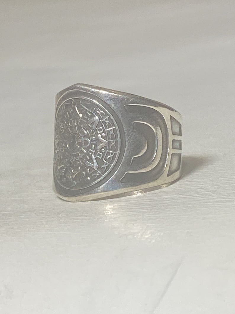 Aztec calendar ring wide Mexico band sterling silver women men size 7.25