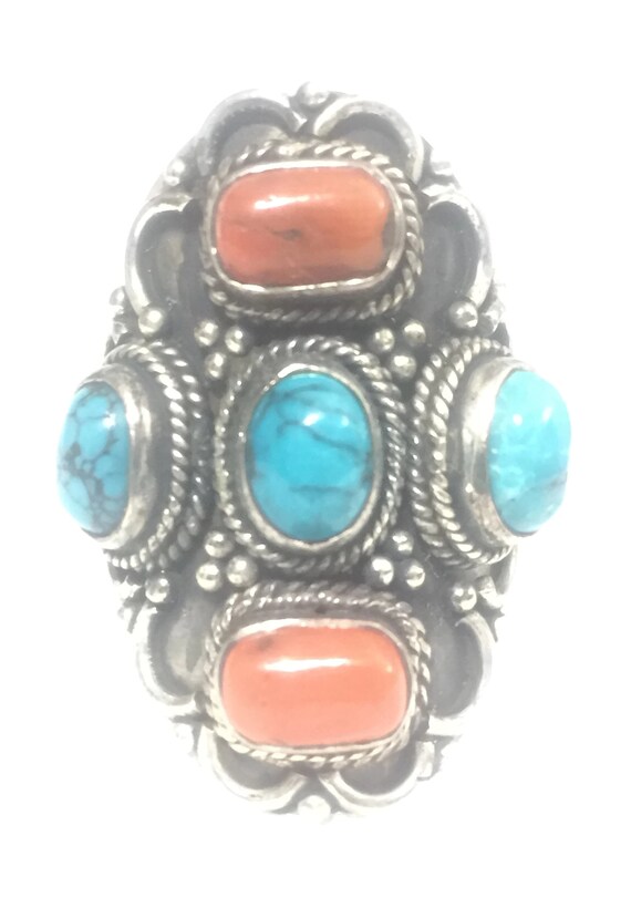 Long Turquoise Ring Turquoise Coral Ring Size 8 W… - image 2