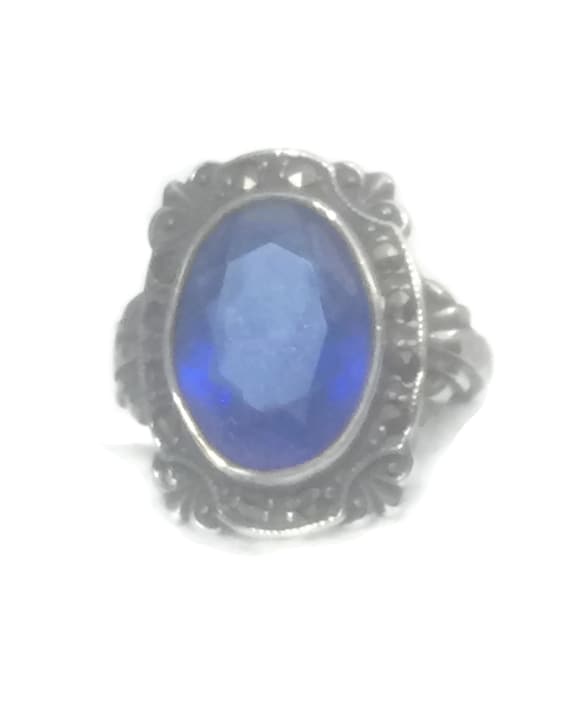 Blue Glass Ring Size 6 Art Deco Ring Size 6 Pinky… - image 1